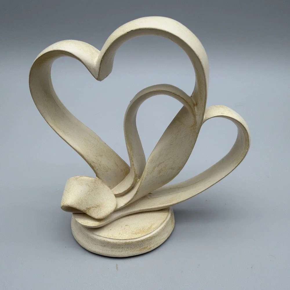 Wedding Cake Topper Wooden Double Heart Luster Tan Sculpture 4.5 inch tall